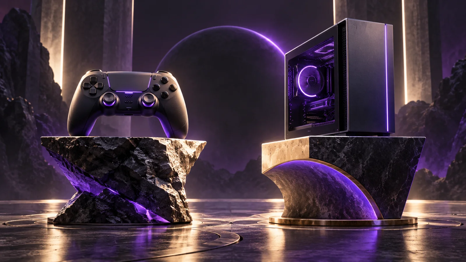 Illustrazione di un PC da gaming e controller per console.