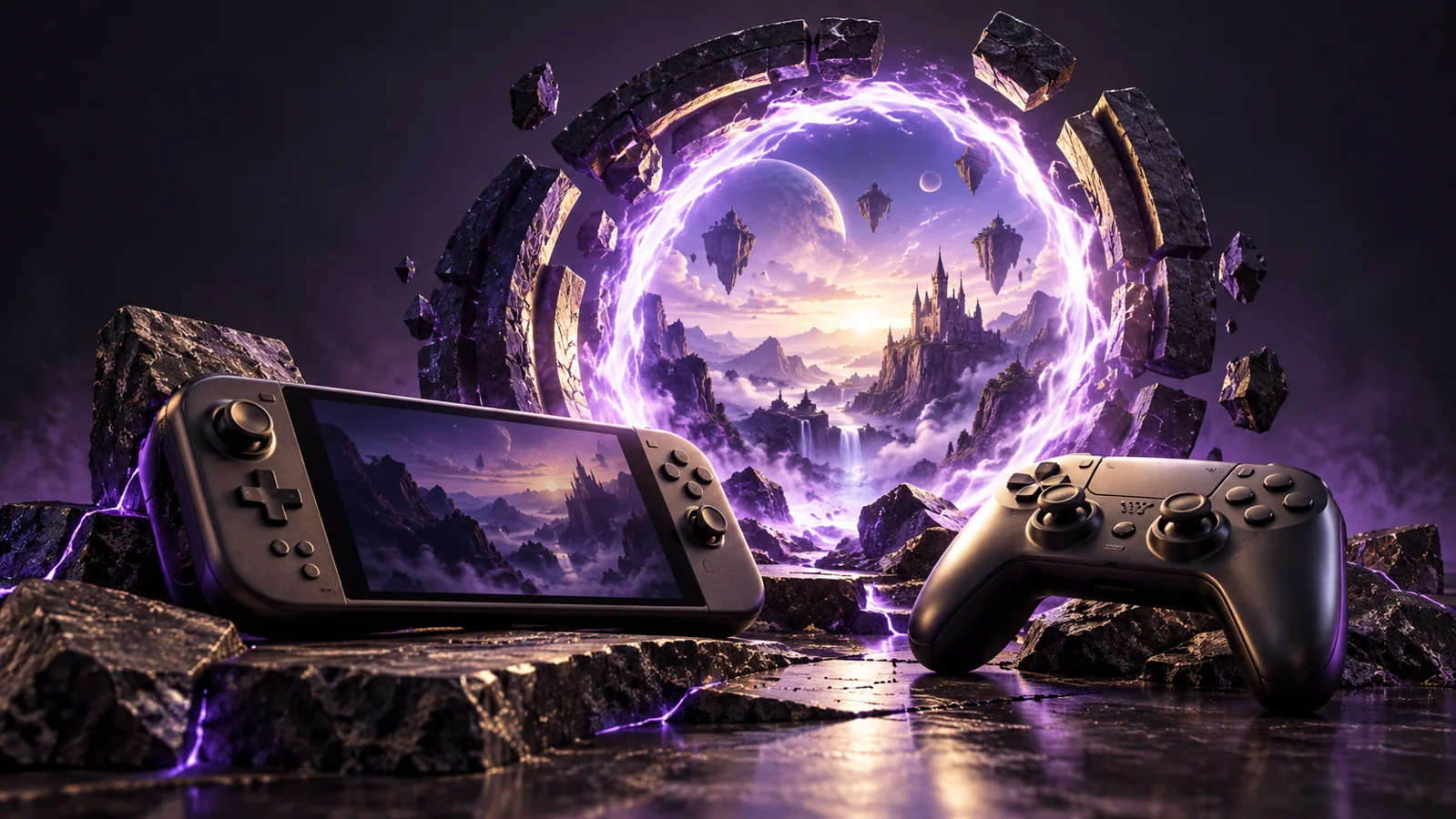 Illustrazione di un portale viola, un mondo fantastico e un controller.