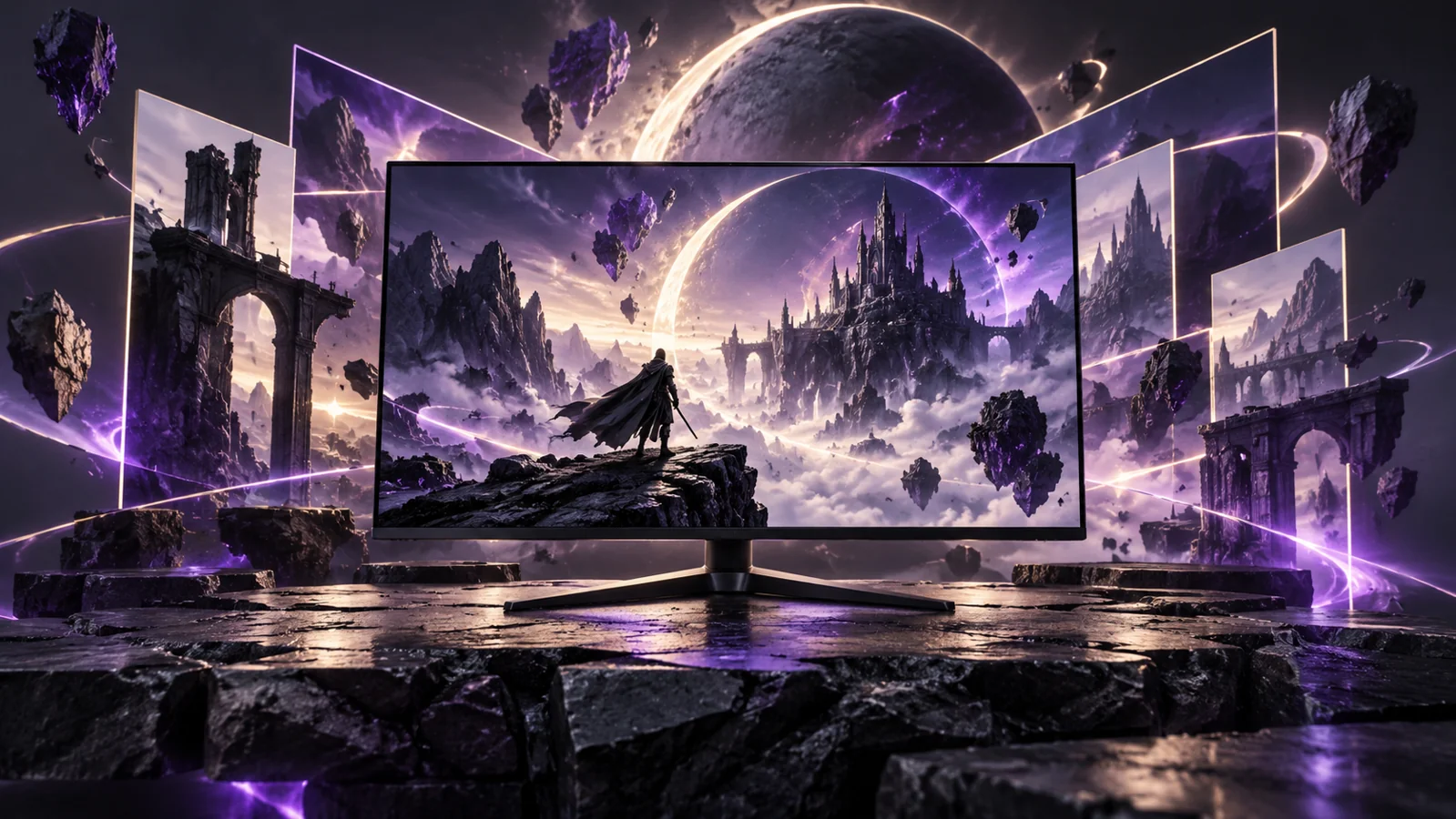 Illustrazione di un monitor da gaming con luci viola.