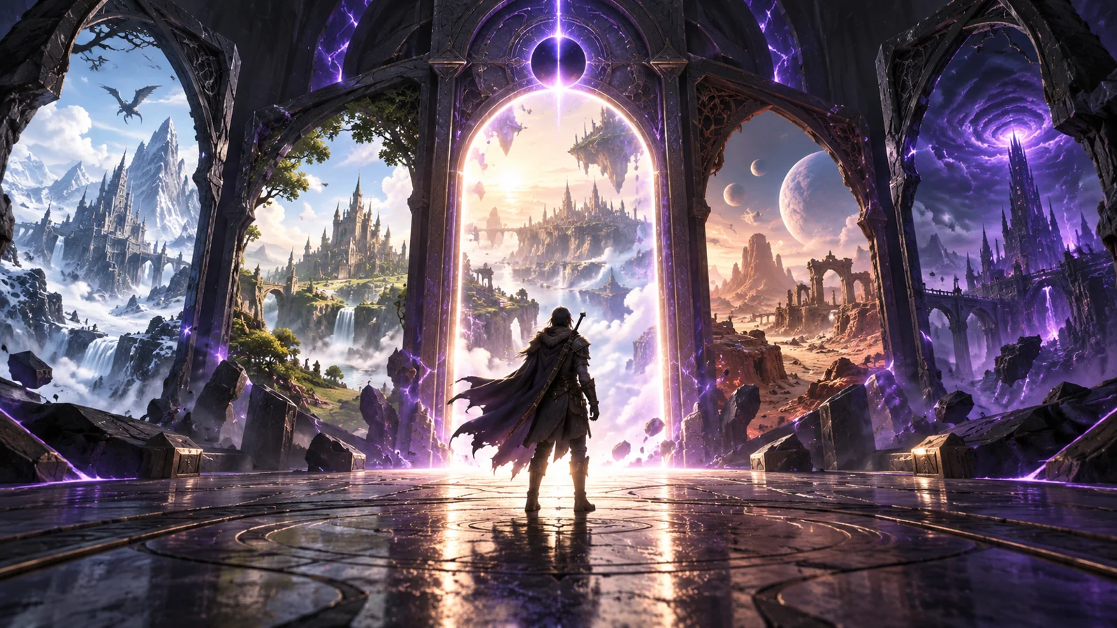 Illustrazione di un viaggiatore davanti a portali verso mondi di gioco.